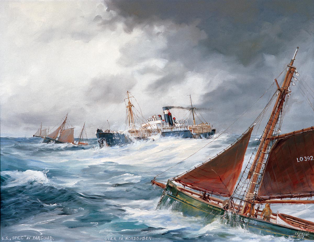 oil paining of vessel in a storm