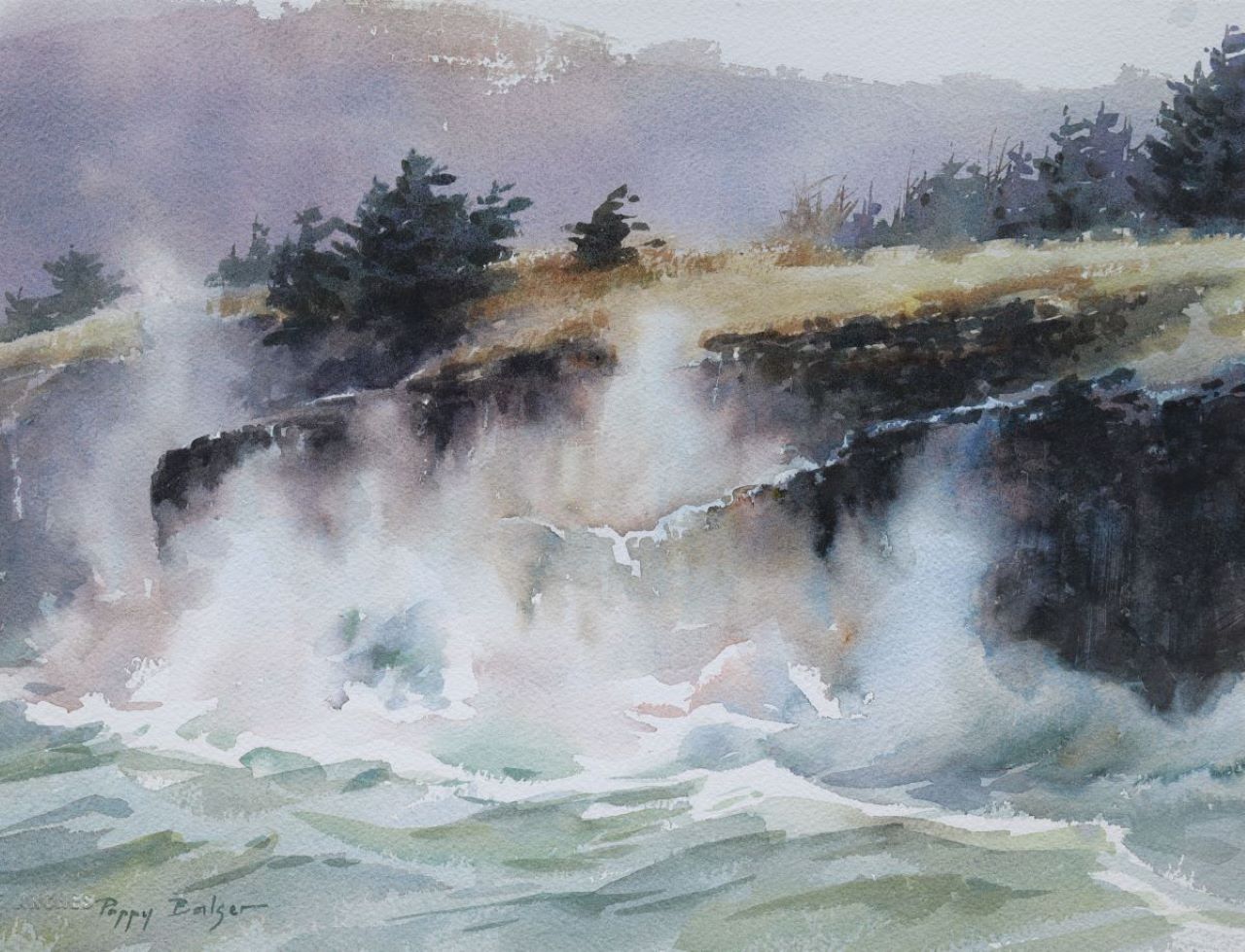 A painting of waves washing over the cliffs at Point Prim, Nova Scotia during a November gale when a mass of water that was a wave is thrown up into the air with great force. The painting shows the sheets and layers of spray falling back upon the rocks and the sea.
