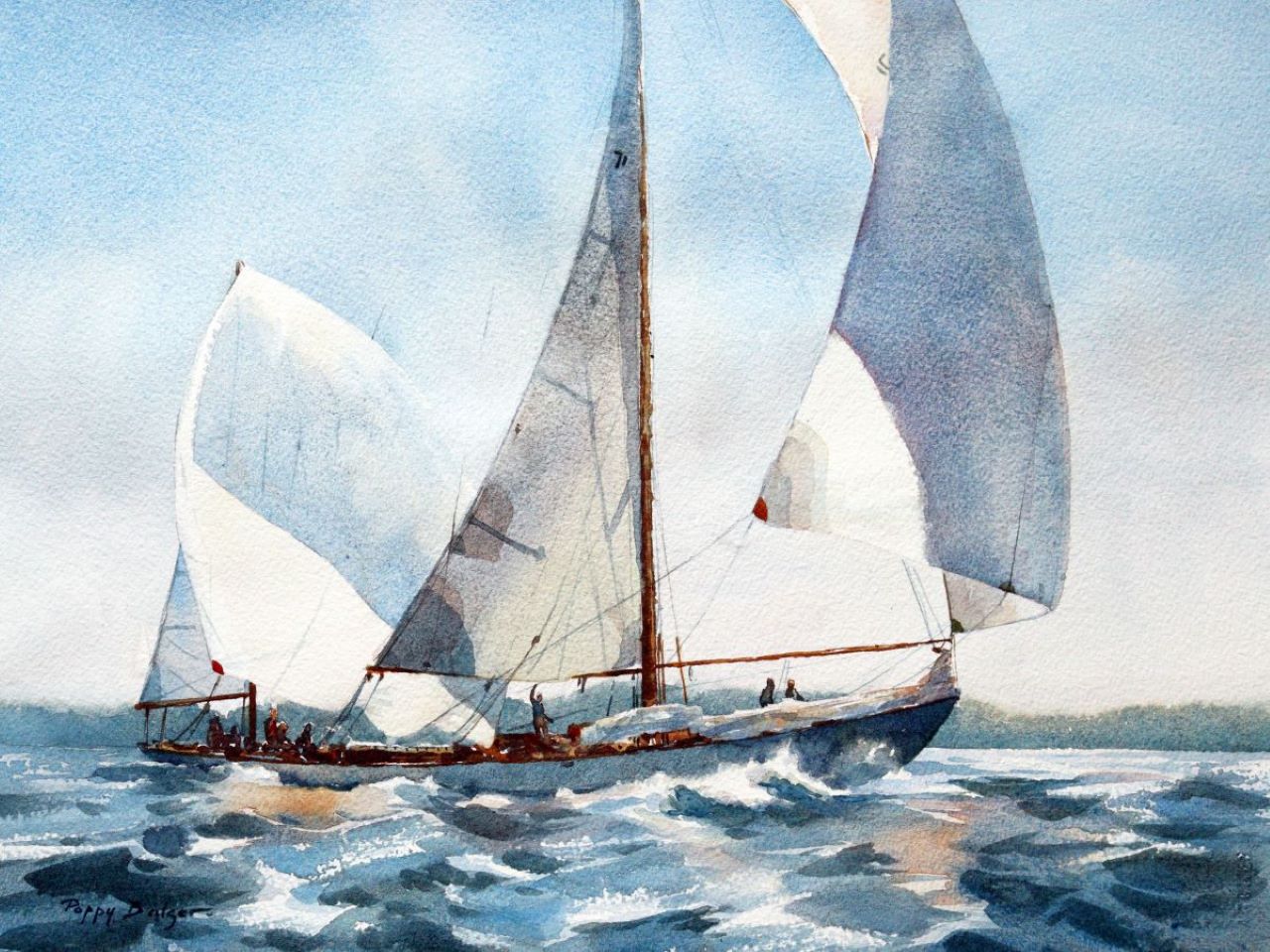 A painting of the Eggemoggin Reach Regatta with the race boats entering Camden Harbor. 