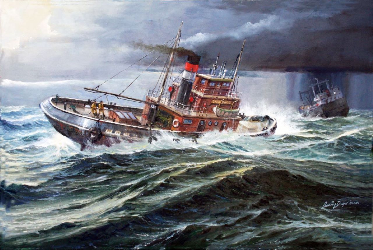 A painting that depicts a flush deck tugboat of approximately 200 gross tons with a triple expansion steam engine. She is venturing into strong winds and fierce seas to rescue a freighter 