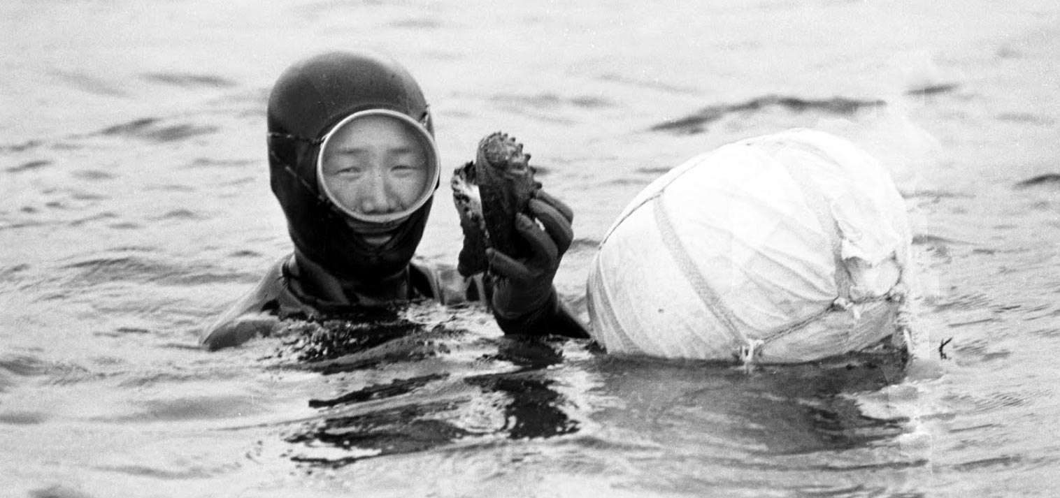 person coming up from diving for abalone