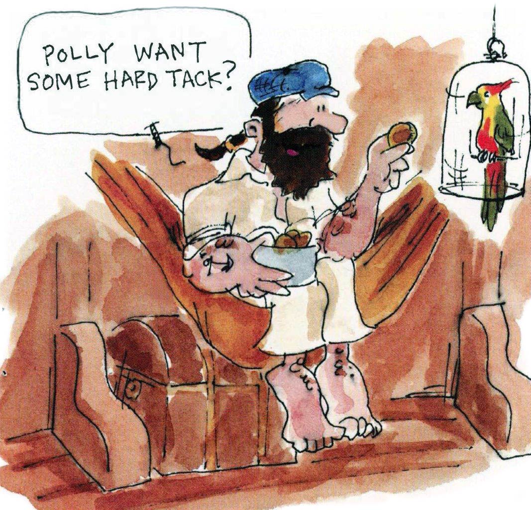 Cartoon"polly want some hard tack?"