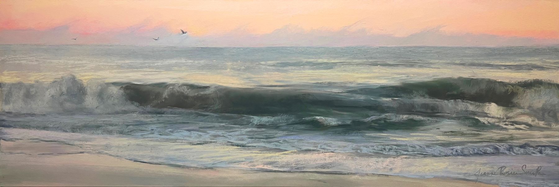 A painting of the early morning mist with gulls among the ocean breakers with the sun rising above the horizon, the sea is bathed in a rosy glow in a panoramic format for capturing the story of wave action.