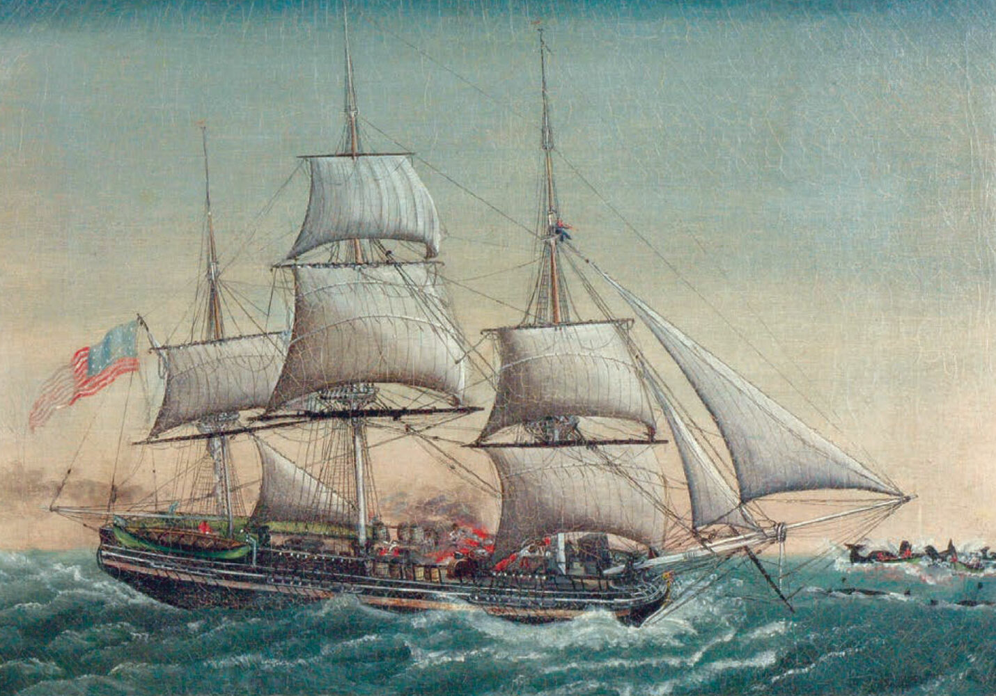 “Ship Spermo Trying With Boats Among Whales On California 1821,” by J. Fisher, ca. 1823.