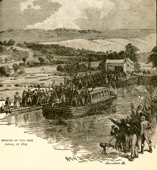 Opening of the Erie Canal, in 1825  / [drawing by] A.R.W. ; [engraved by] Swinton So. -- From an unidentified history text, p. 167 ; approx. 1890?